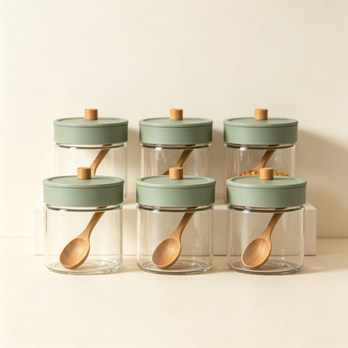 Glass Spice Jars Set | Airtight Storage Canisters with Wooden Spoons